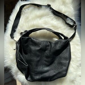 Furla Black Pebble Leather Handles & Adjustable Crossbody Woven Cotton Strap